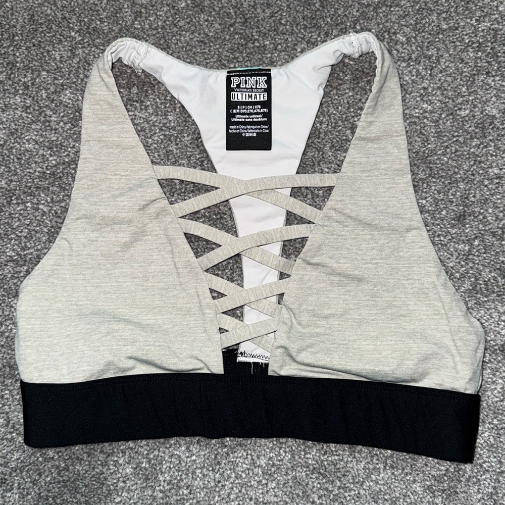 Victoria’s secret pink ultimate spots bra, light gray with black bottom strap